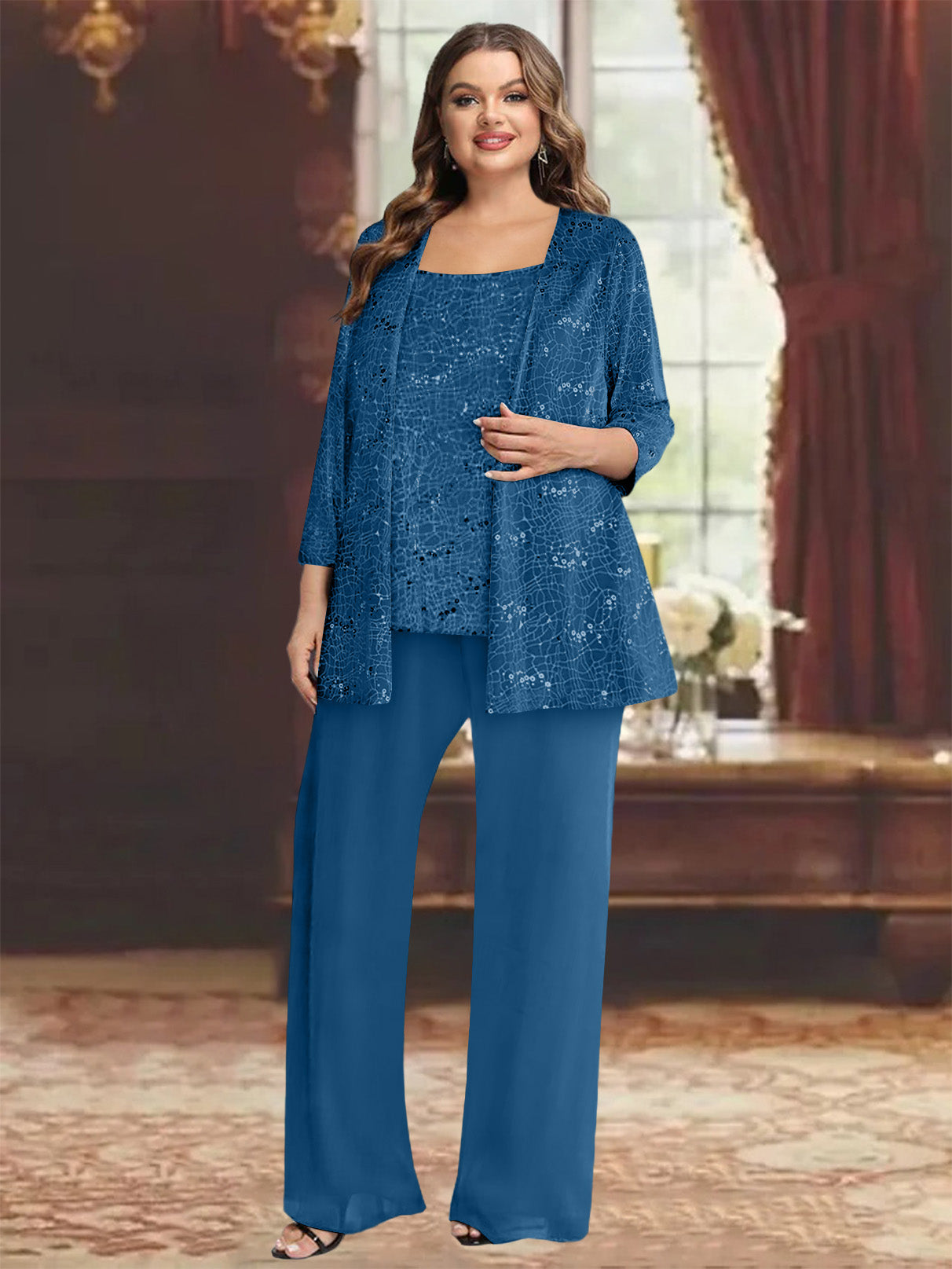 Plus Size Chiffon Mother of the Bride Pantsuit with Sequined Jacket-27prom
