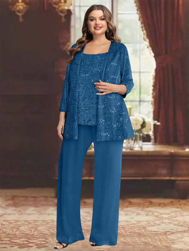 Plus Size Chiffon Mother of the Bride Pantsuit with Sequined Jacket-27prom