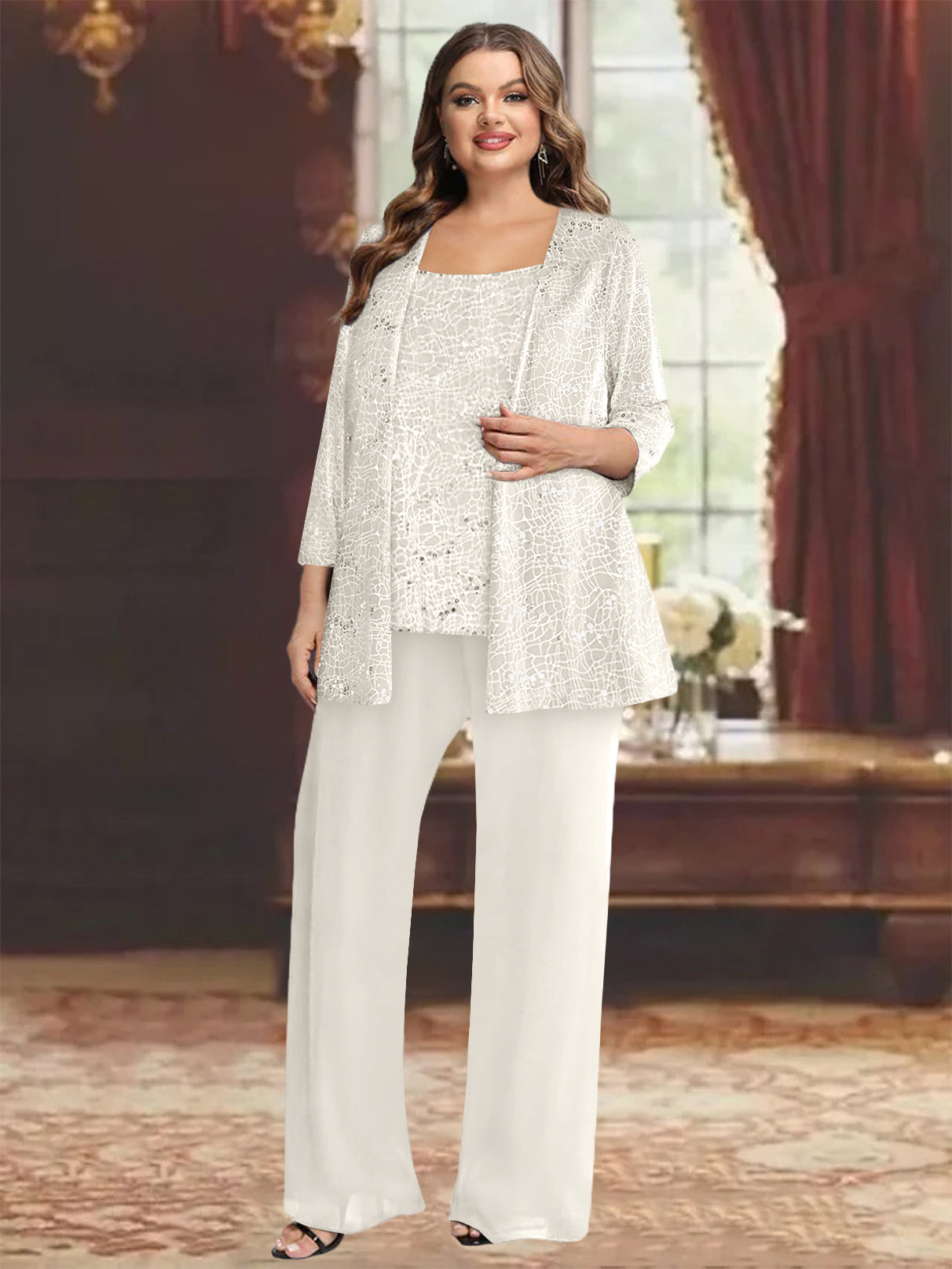 Plus Size Chiffon Mother of the Bride Pantsuit with Sequined Jacket-27prom