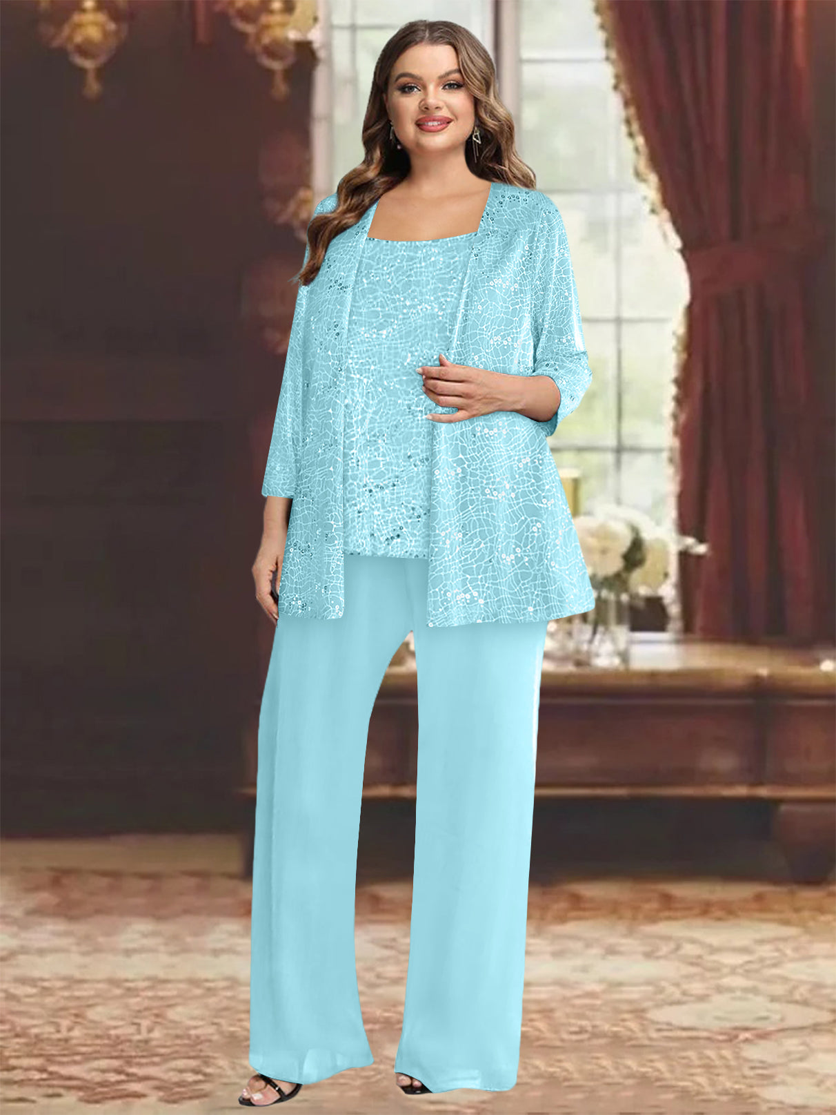 Plus Size Chiffon Mother of the Bride Pantsuit with Sequined Jacket-27prom