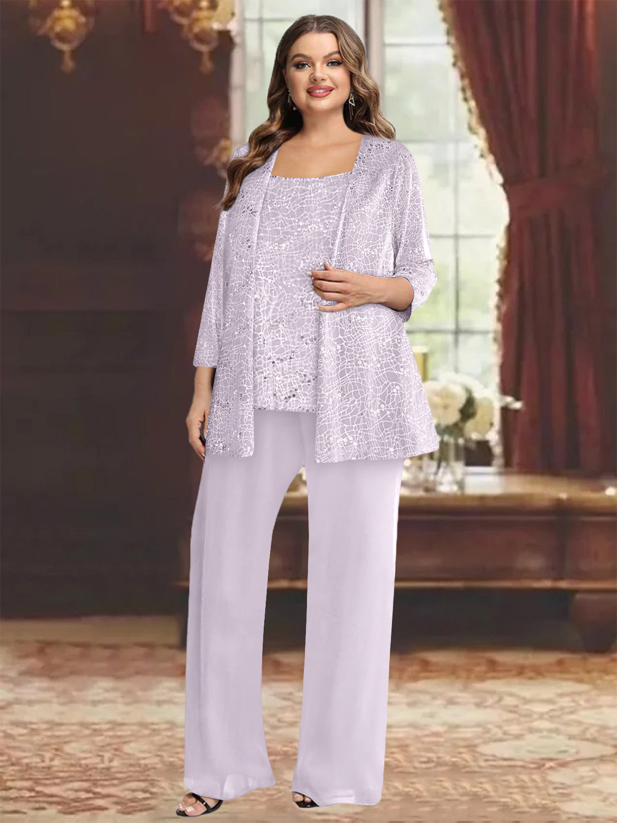 Plus Size Chiffon Mother of the Bride Pantsuit with Sequined Jacket-27prom