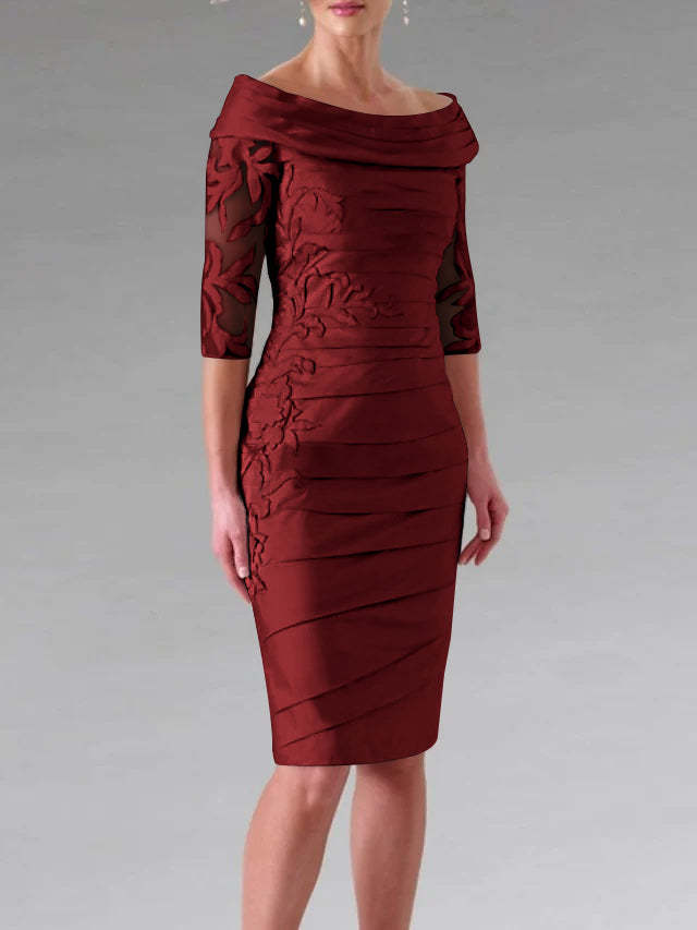 Half-Sleeve Knee-Length Sheath/Column Mother of the Bride Dress with Ruching and Appliques-27prom