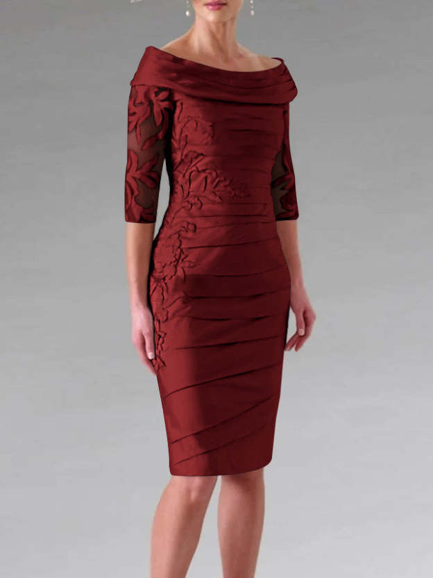 Half-Sleeve Knee-Length Sheath/Column Mother of the Bride Dress with Ruching and Appliques-27prom