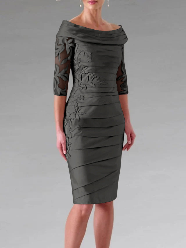 Half-Sleeve Knee-Length Sheath/Column Mother of the Bride Dress with Ruching and Appliques-27prom