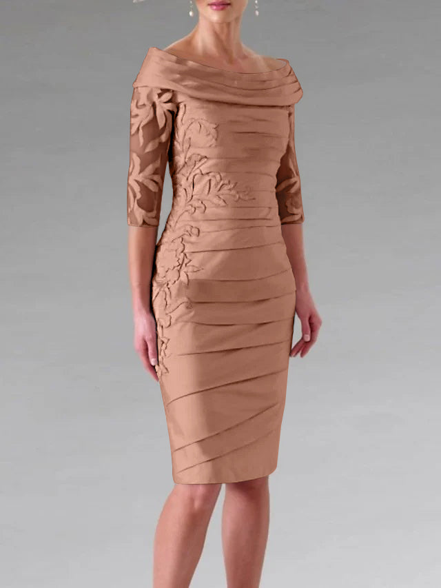 Half-Sleeve Knee-Length Sheath/Column Mother of the Bride Dress with Ruching and Appliques-27prom