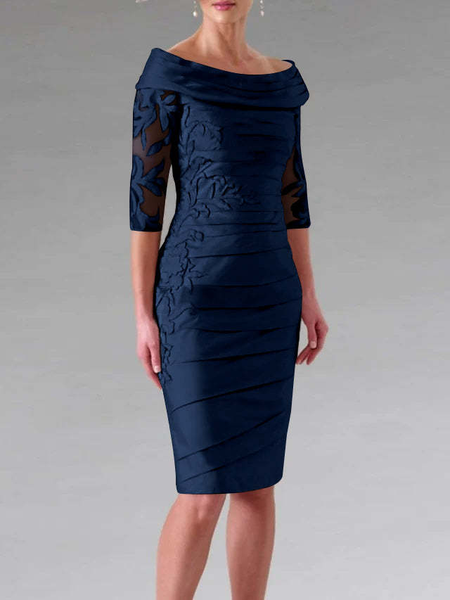 Half-Sleeve Knee-Length Sheath/Column Mother of the Bride Dress with Ruching and Appliques-27prom