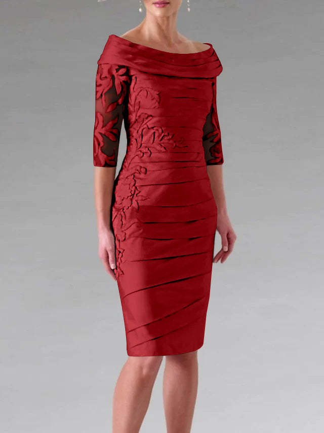 Half-Sleeve Knee-Length Sheath/Column Mother of the Bride Dress with Ruching and Appliques-27prom