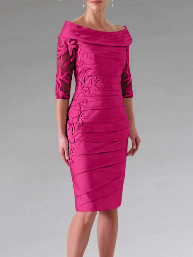 Half-Sleeve Knee-Length Sheath/Column Mother of the Bride Dress with Ruching and Appliques-27prom