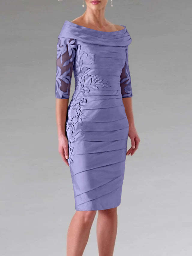 Half-Sleeve Knee-Length Sheath/Column Mother of the Bride Dress with Ruching and Appliques-27prom
