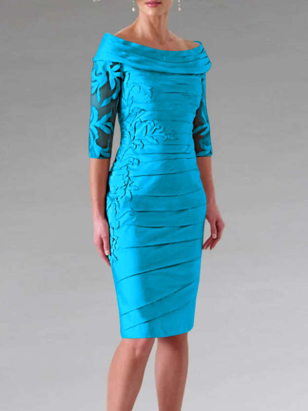 Half-Sleeve Knee-Length Sheath/Column Mother of the Bride Dress with Ruching and Appliques-27prom
