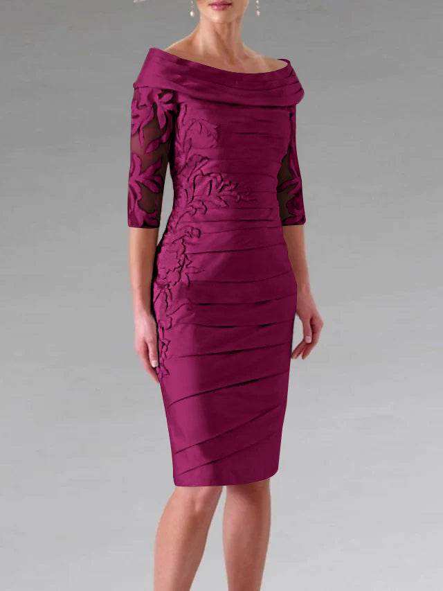 Half-Sleeve Knee-Length Sheath/Column Mother of the Bride Dress with Ruching and Appliques-27prom