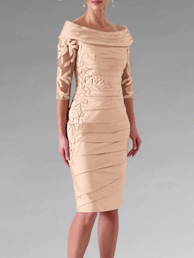 Half-Sleeve Knee-Length Sheath/Column Mother of the Bride Dress with Ruching and Appliques-27prom