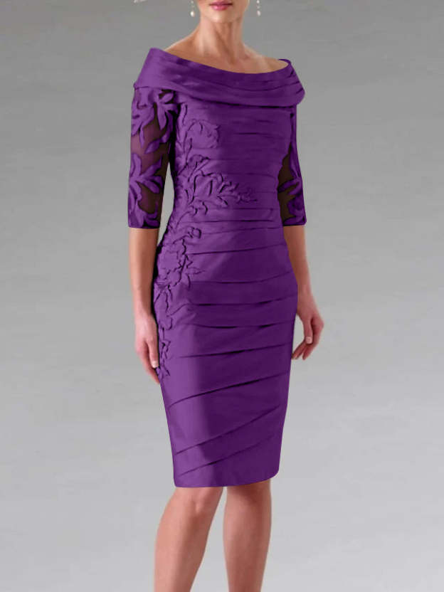 Half-Sleeve Knee-Length Sheath/Column Mother of the Bride Dress with Ruching and Appliques-27prom