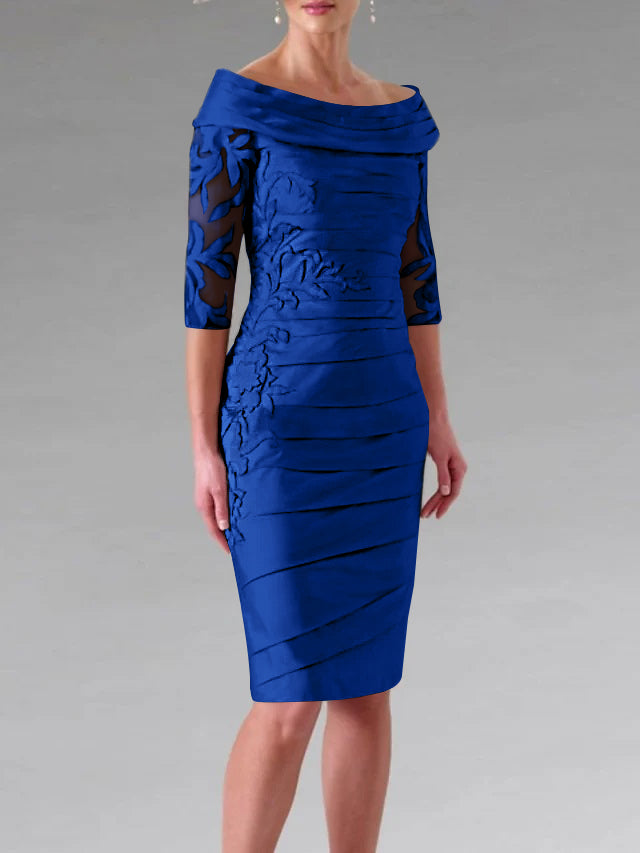 Half-Sleeve Knee-Length Sheath/Column Mother of the Bride Dress with Ruching and Appliques-27prom