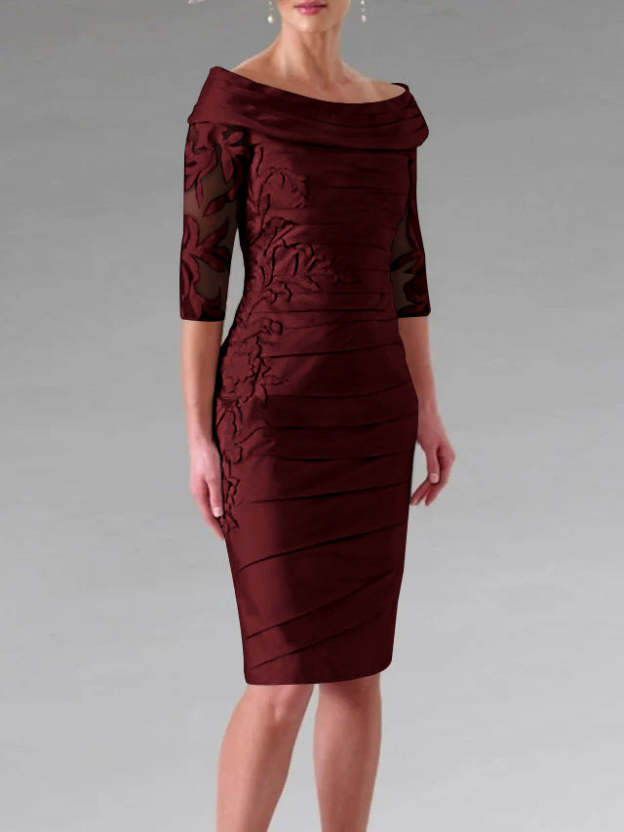 Half-Sleeve Knee-Length Sheath/Column Mother of the Bride Dress with Ruching and Appliques-27prom