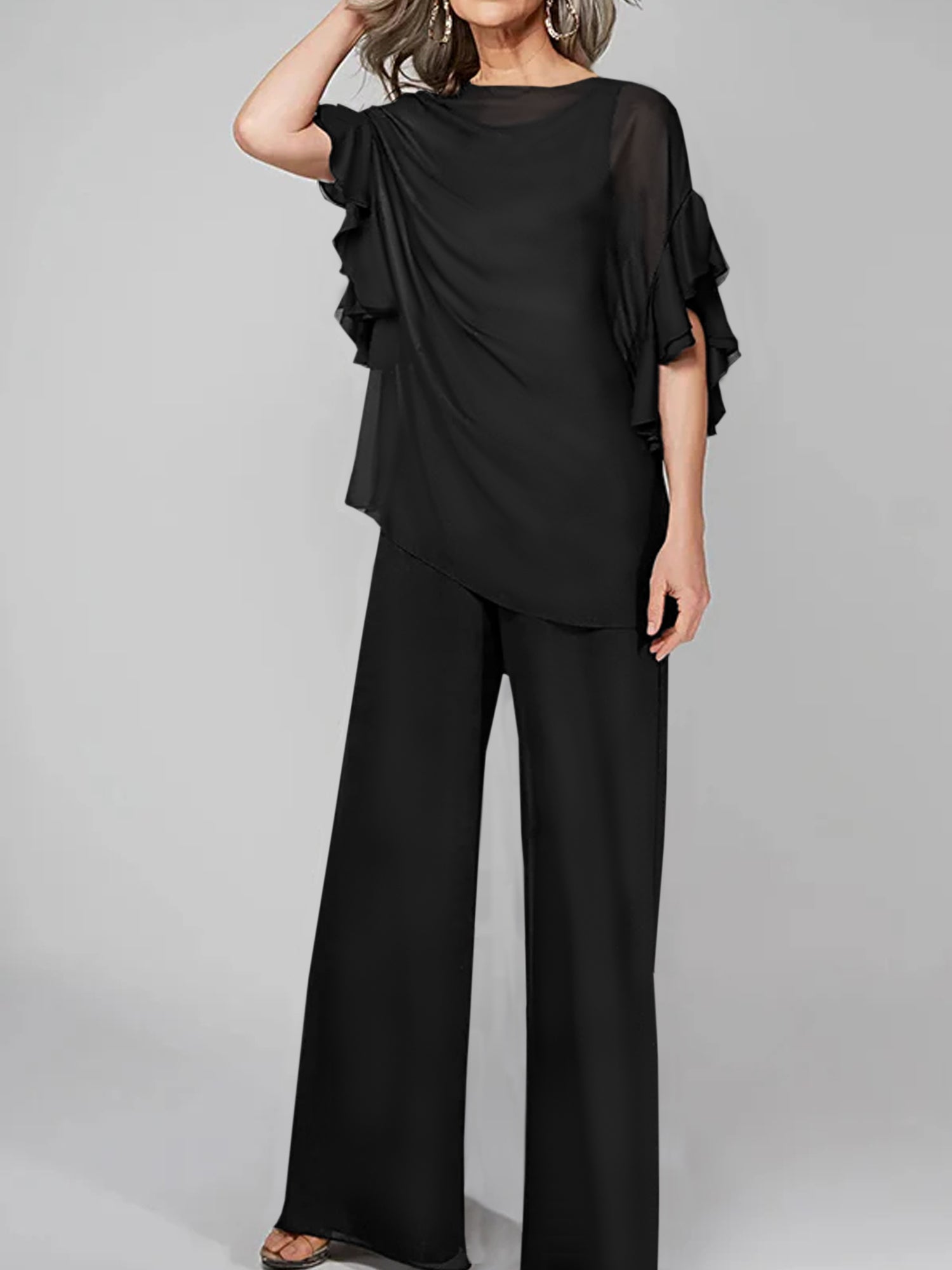 Chiffon Mother of the Bride Pantsuits with Scoop Neck and Half Sleeves-27prom