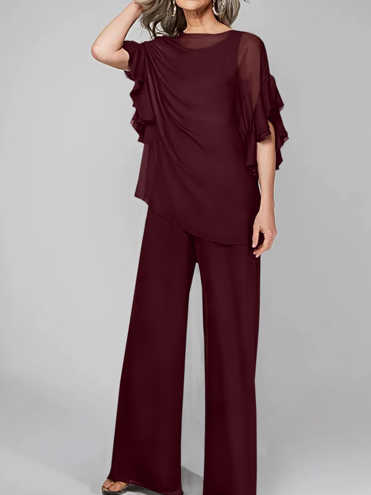 Chiffon Mother of the Bride Pantsuits with Scoop Neck and Half Sleeves-27prom
