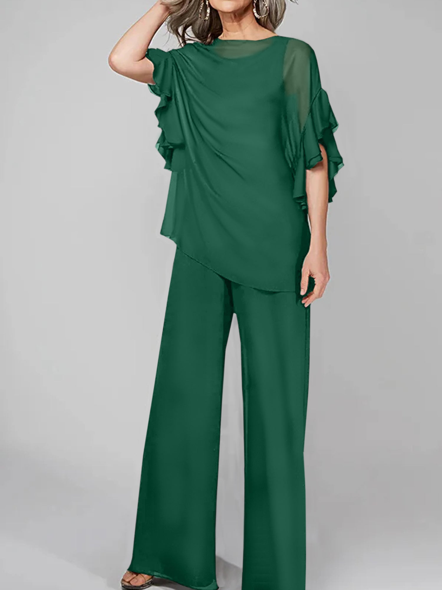 Chiffon Mother of the Bride Pantsuits with Scoop Neck and Half Sleeves-27prom