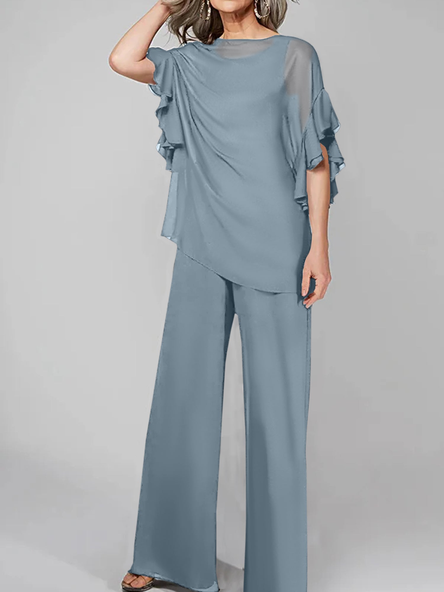 Chiffon Mother of the Bride Pantsuits with Scoop Neck and Half Sleeves-27prom