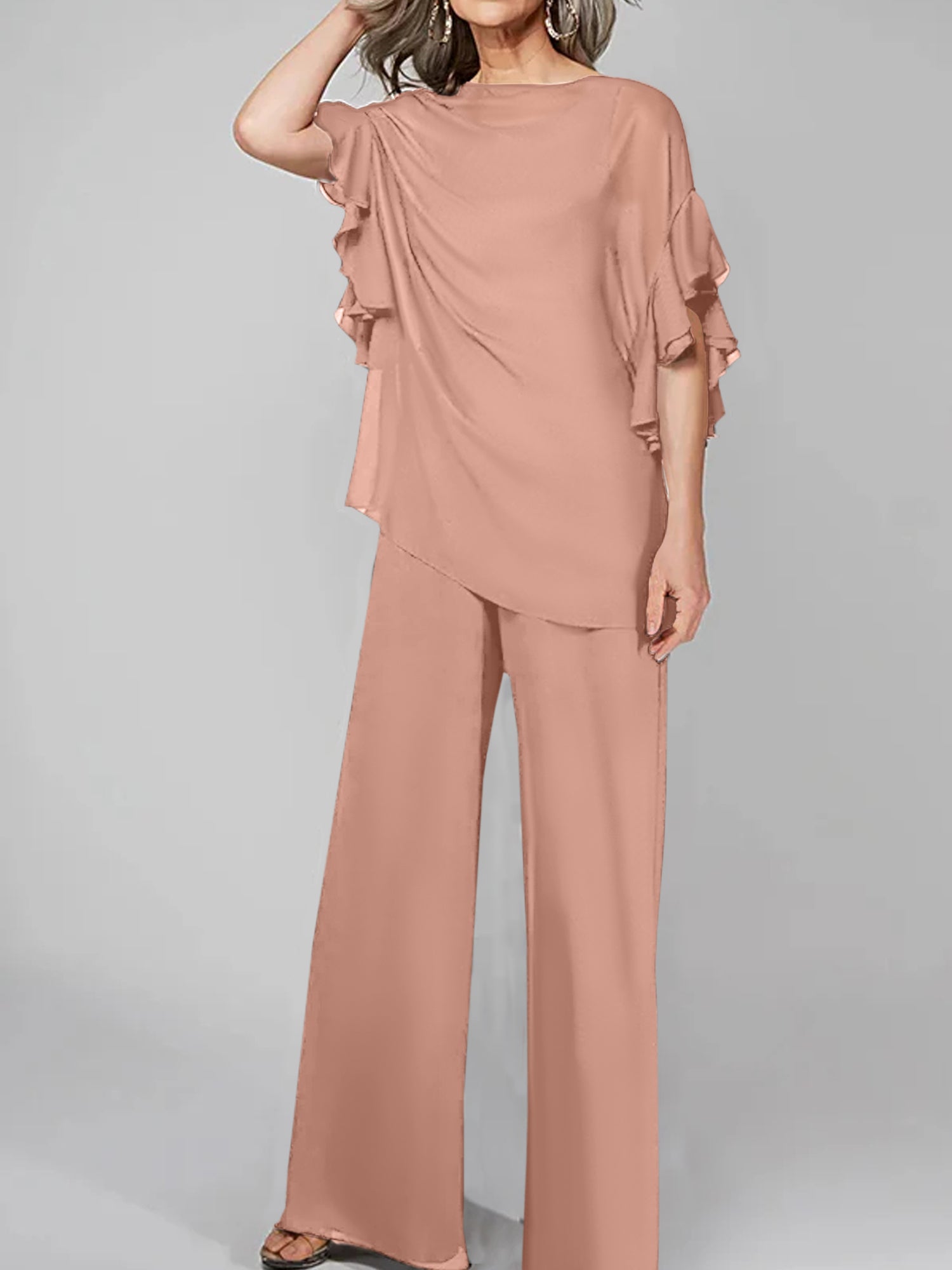 Chiffon Mother of the Bride Pantsuits with Scoop Neck and Half Sleeves-27prom