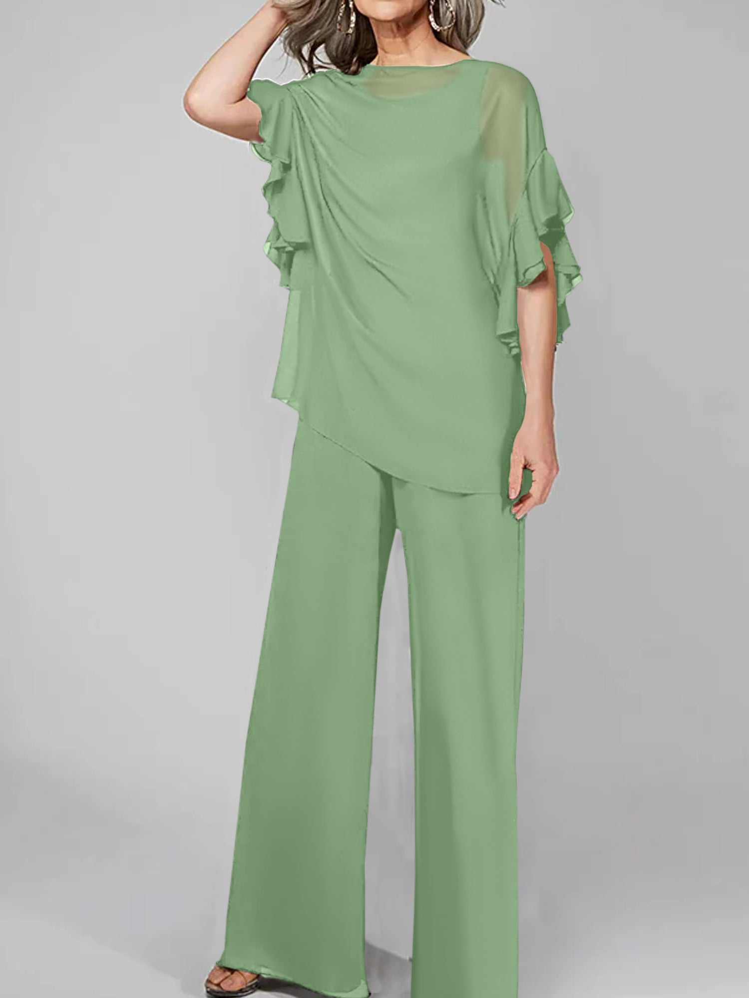 Chiffon Mother of the Bride Pantsuits with Scoop Neck and Half Sleeves-27prom