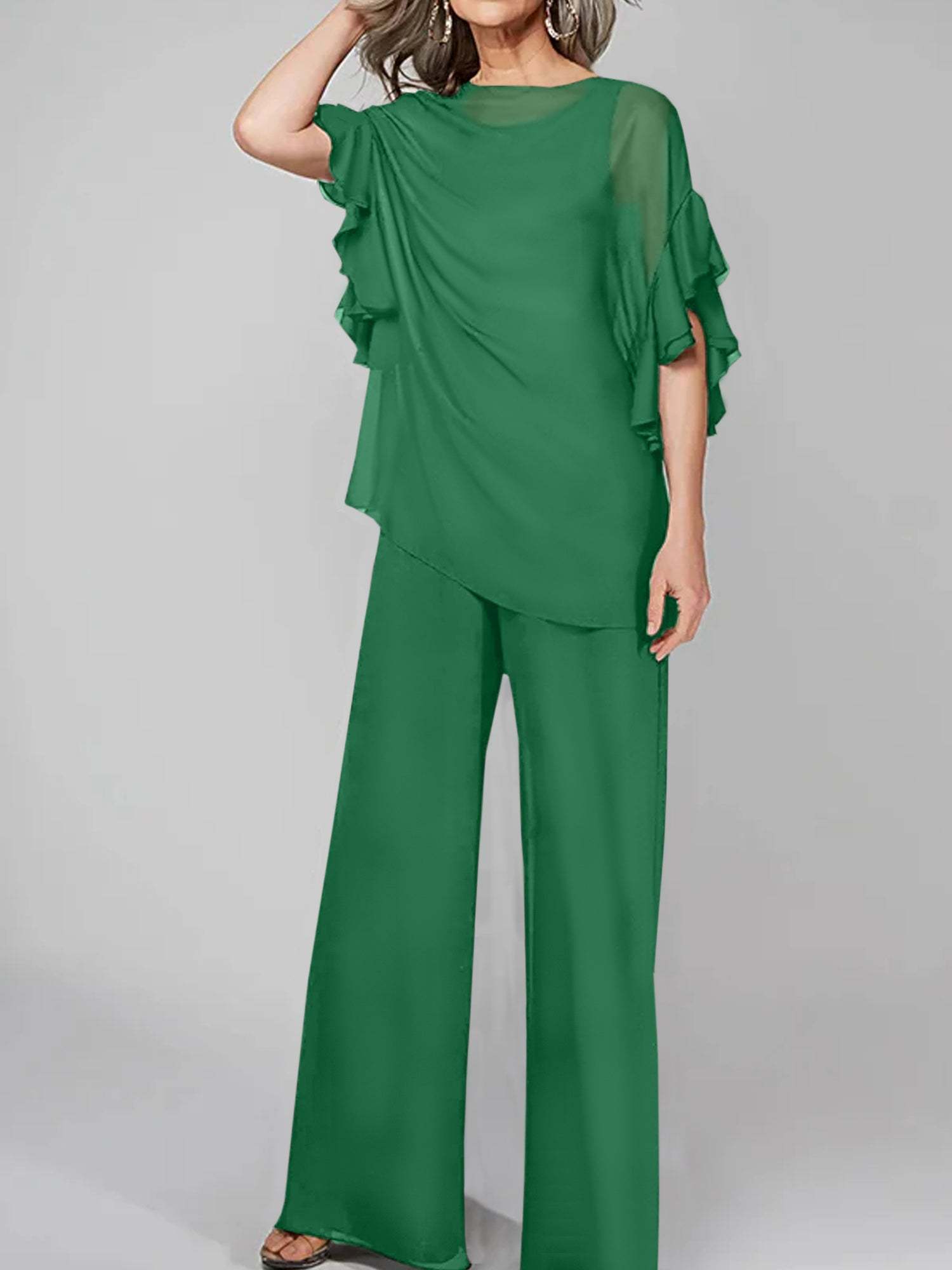 Chiffon Mother of the Bride Pantsuits with Scoop Neck and Half Sleeves-27prom