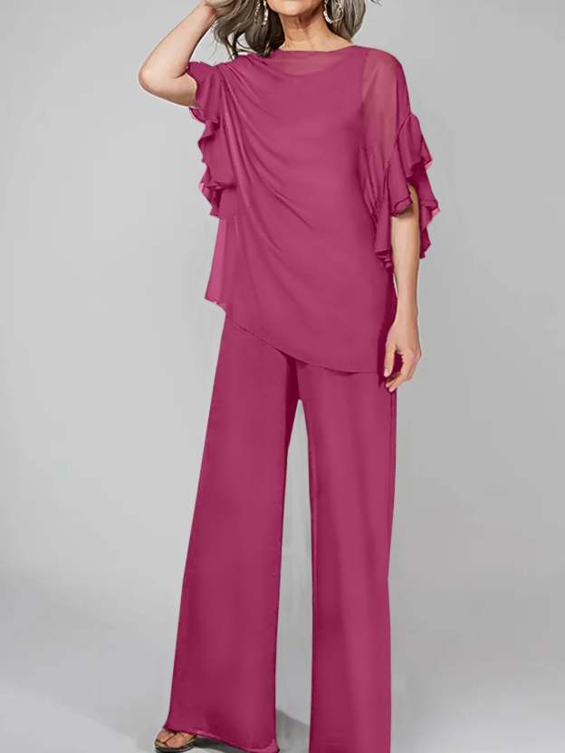 Chiffon Mother of the Bride Pantsuits with Scoop Neck and Half Sleeves-27prom