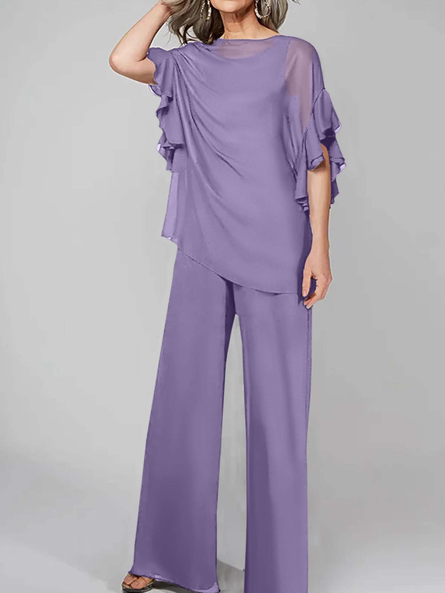 Chiffon Mother of the Bride Pantsuits with Scoop Neck and Half Sleeves-27prom
