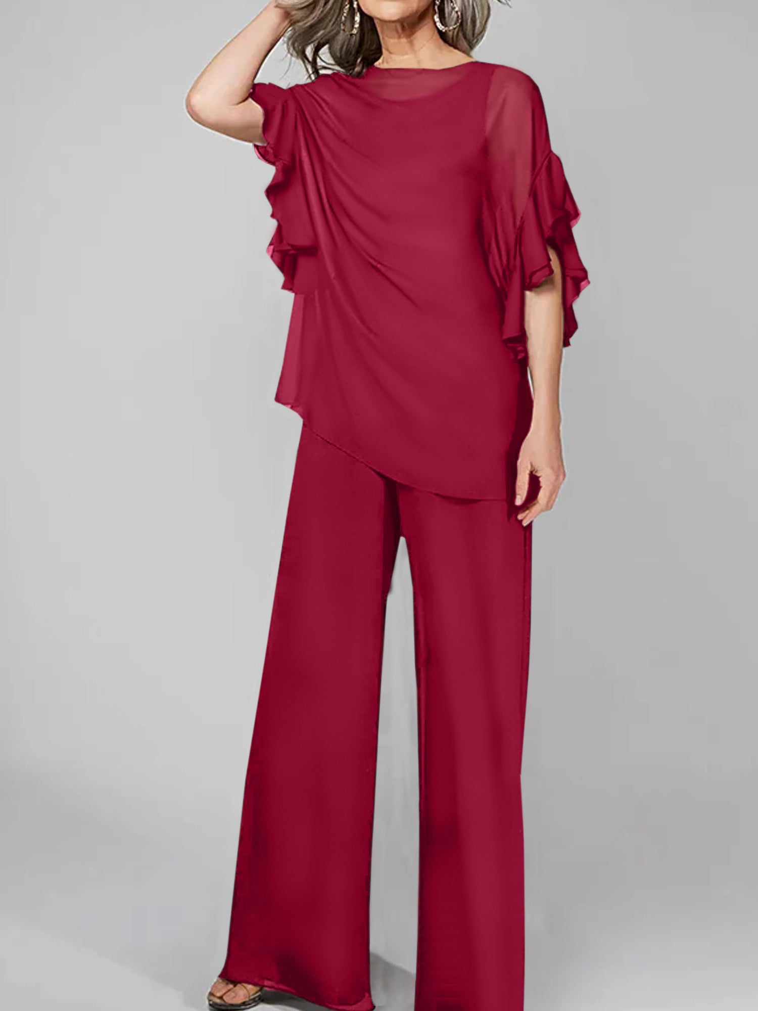 Chiffon Mother of the Bride Pantsuits with Scoop Neck and Half Sleeves-27prom
