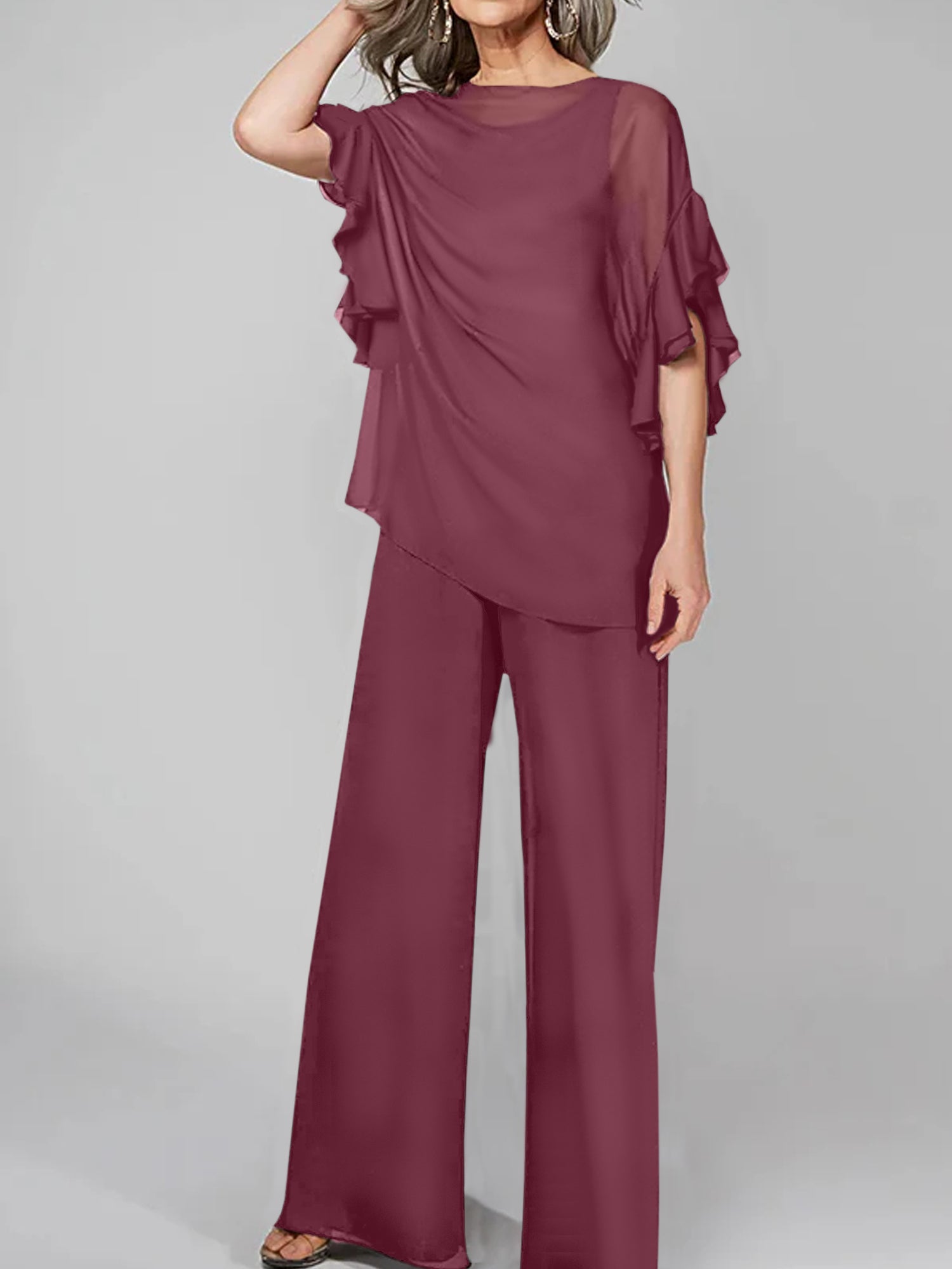 Chiffon Mother of the Bride Pantsuits with Scoop Neck and Half Sleeves-27prom