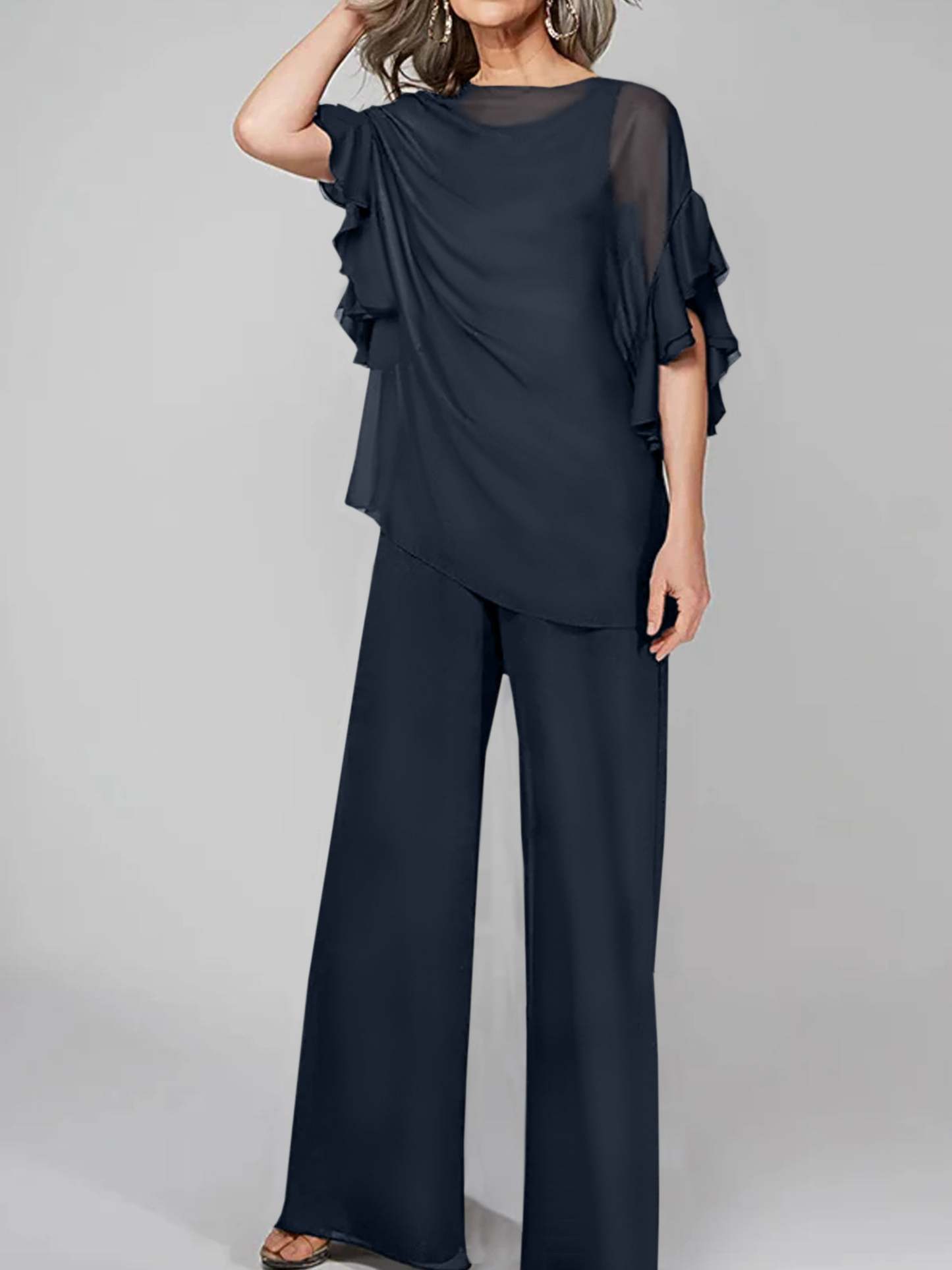 Chiffon Mother of the Bride Pantsuits with Scoop Neck and Half Sleeves-27prom