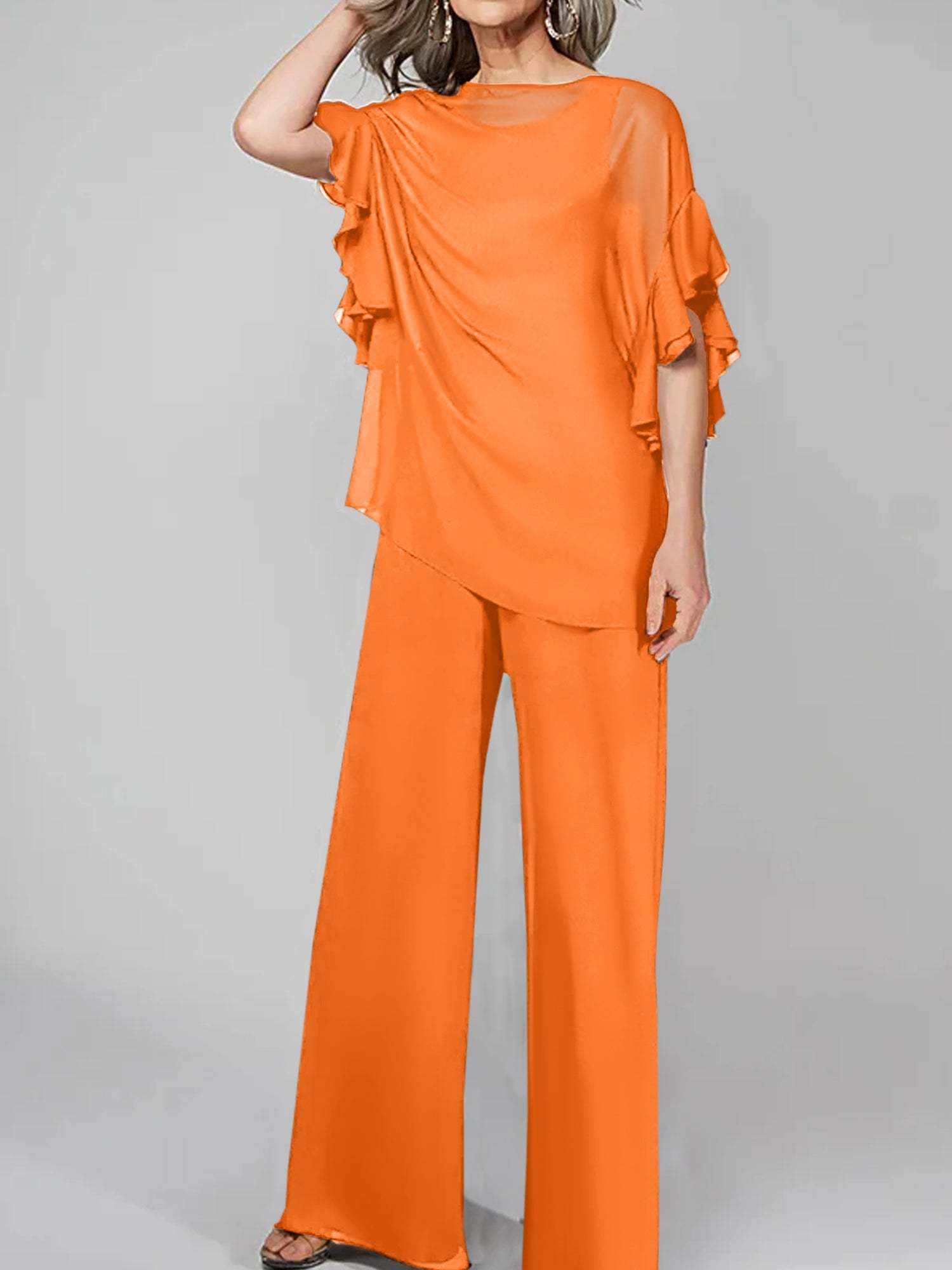 Chiffon Mother of the Bride Pantsuits with Scoop Neck and Half Sleeves-27prom