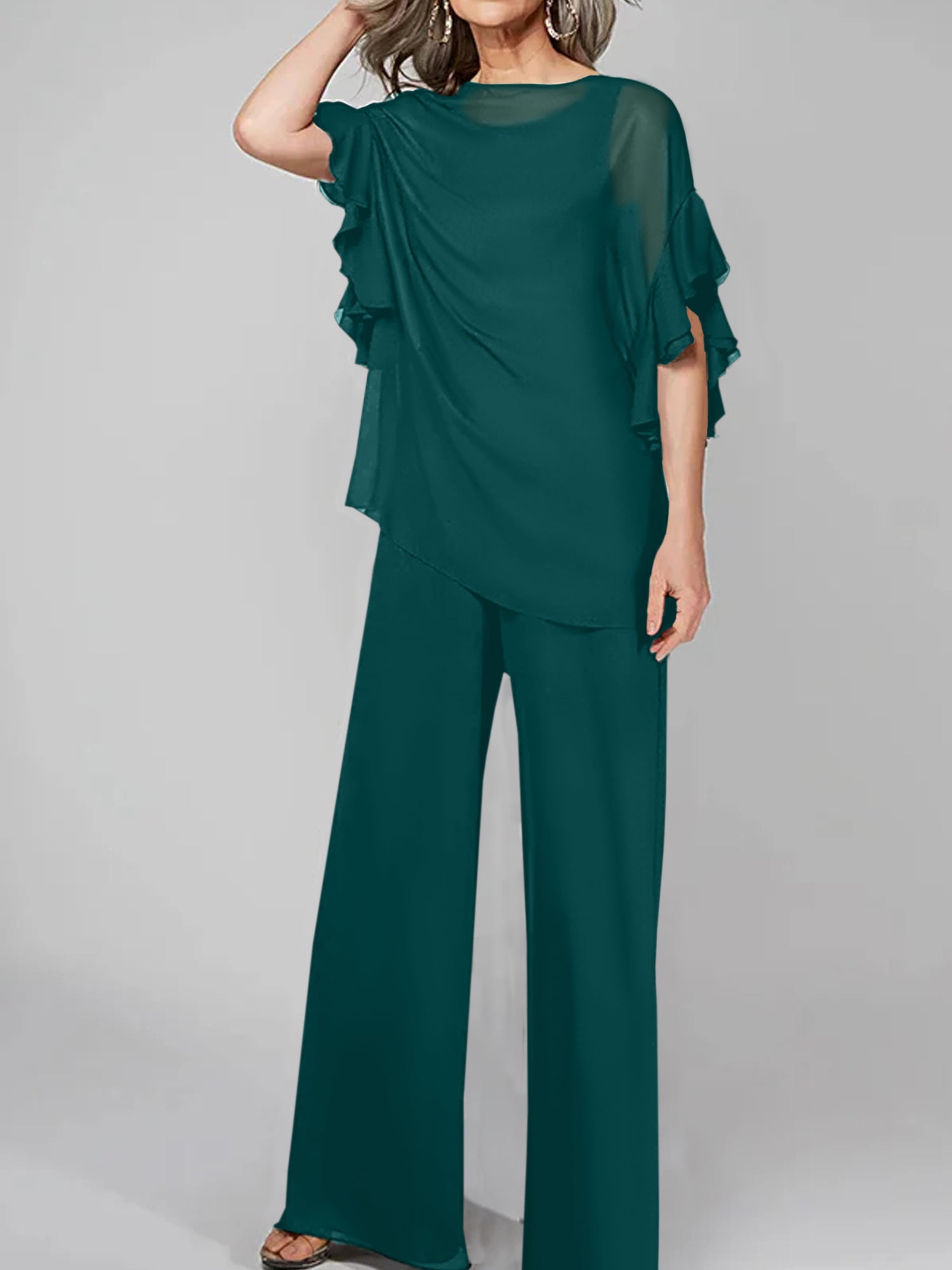 Chiffon Mother of the Bride Pantsuits with Scoop Neck and Half Sleeves-27prom