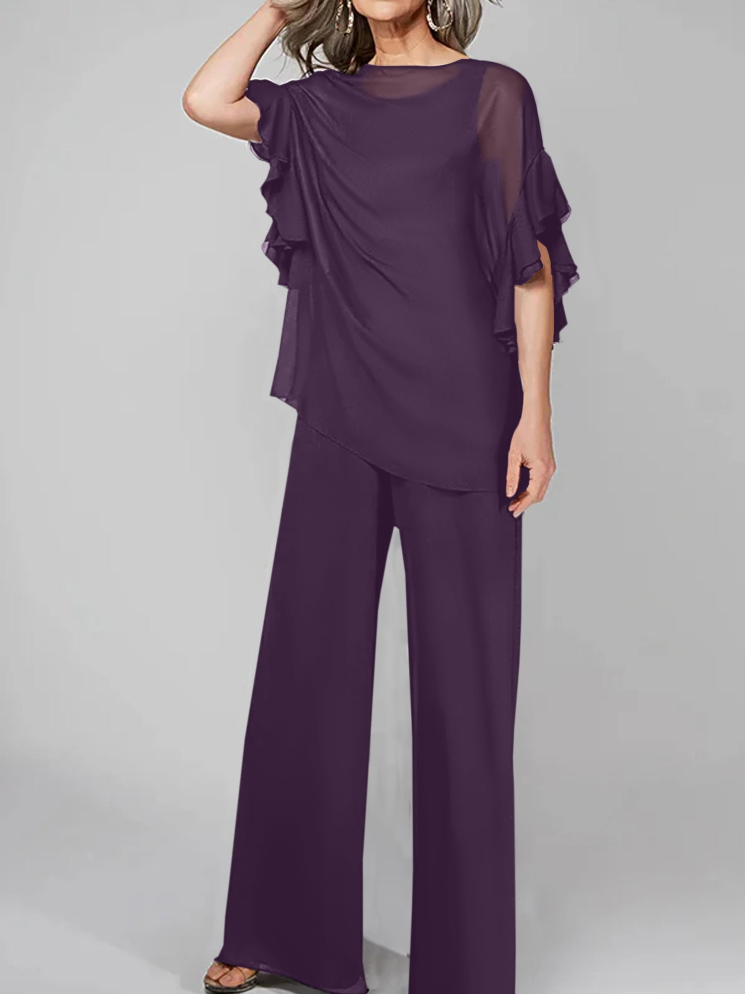 Chiffon Mother of the Bride Pantsuits with Scoop Neck and Half Sleeves-27prom
