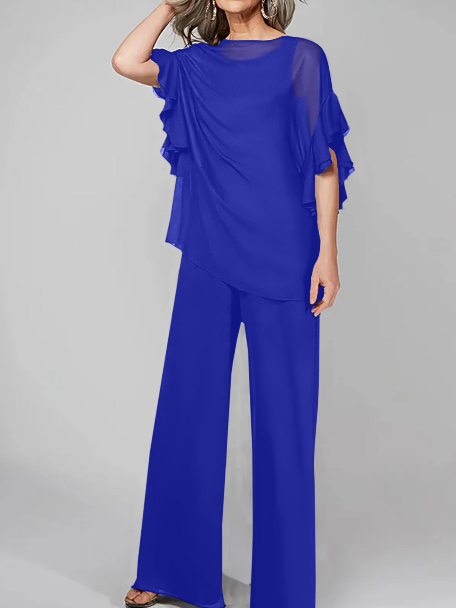 Chiffon Mother of the Bride Pantsuits with Scoop Neck and Half Sleeves-27prom
