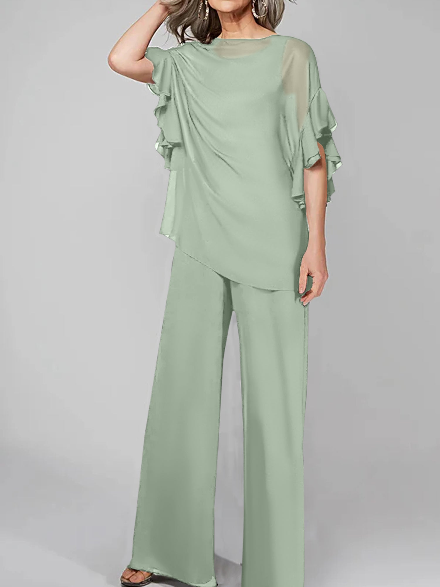 Chiffon Mother of the Bride Pantsuits with Scoop Neck and Half Sleeves-27prom