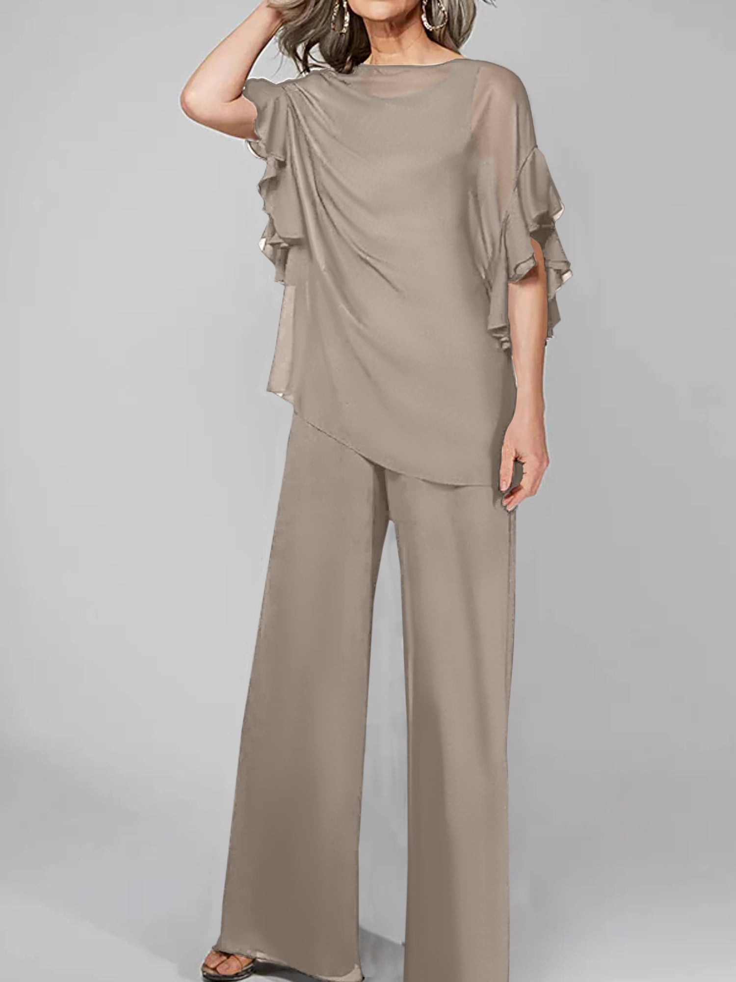 Chiffon Mother of the Bride Pantsuits with Scoop Neck and Half Sleeves-27prom