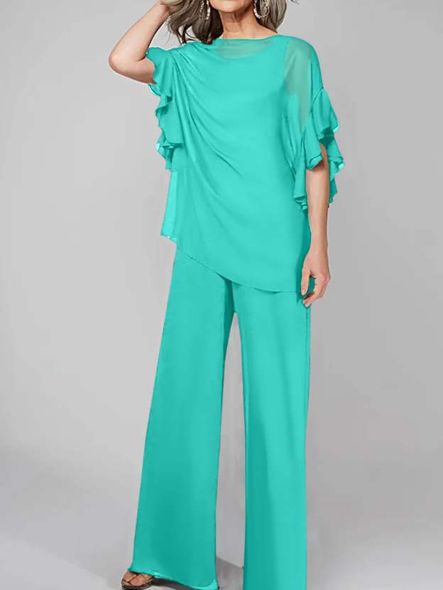 Chiffon Mother of the Bride Pantsuits with Scoop Neck and Half Sleeves-27prom
