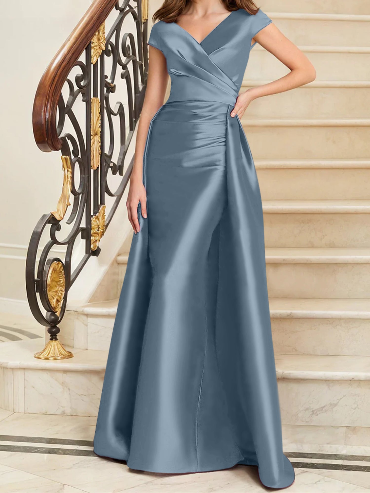 Sleeveless Satin V-Neck Sheath Dress for the Mother of the Bride-27prom