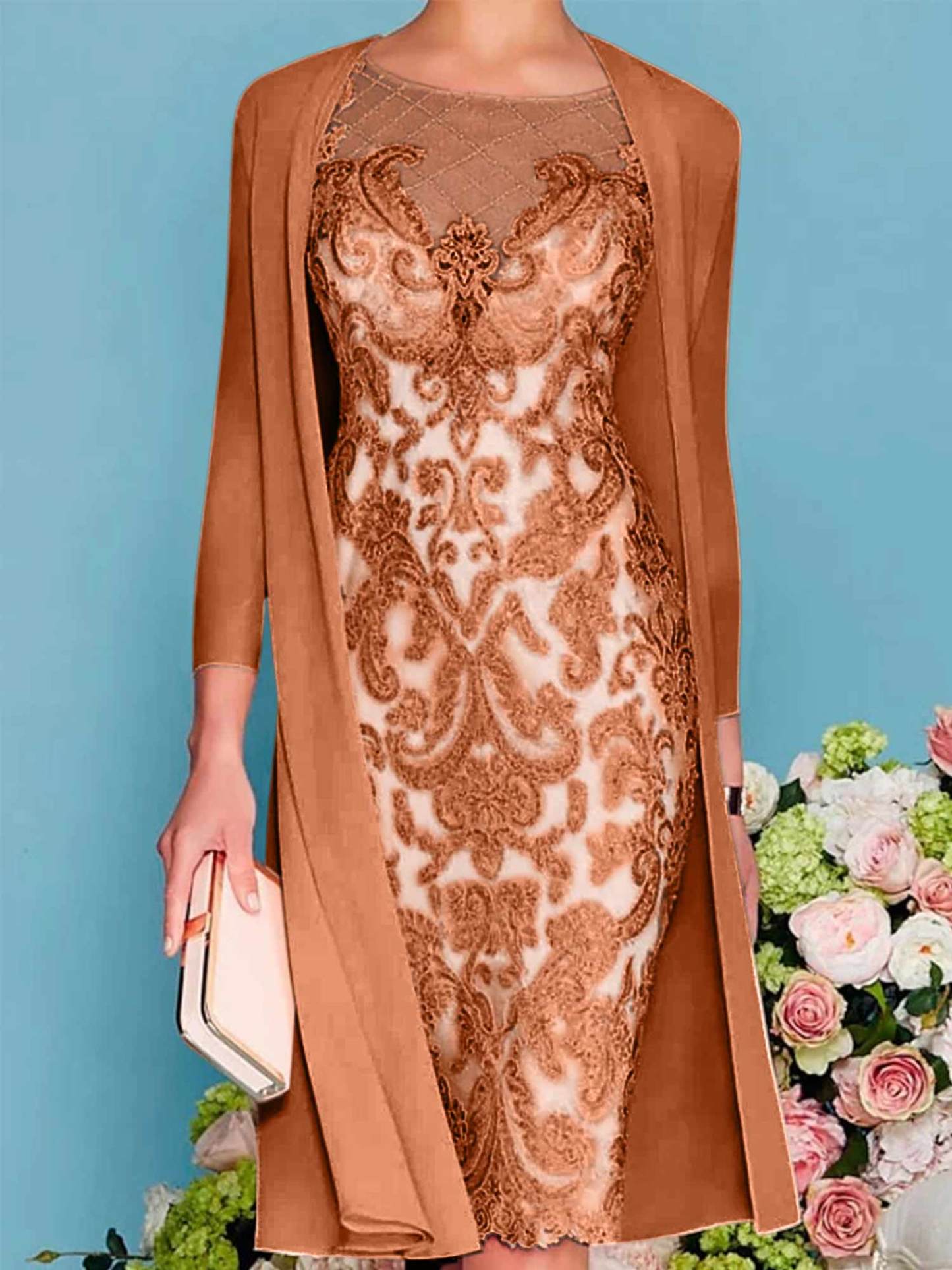 Long-Sleeve Knee-Length Sheath/Column Mother of the Bride Dress with Lace Beading Appliques-27prom