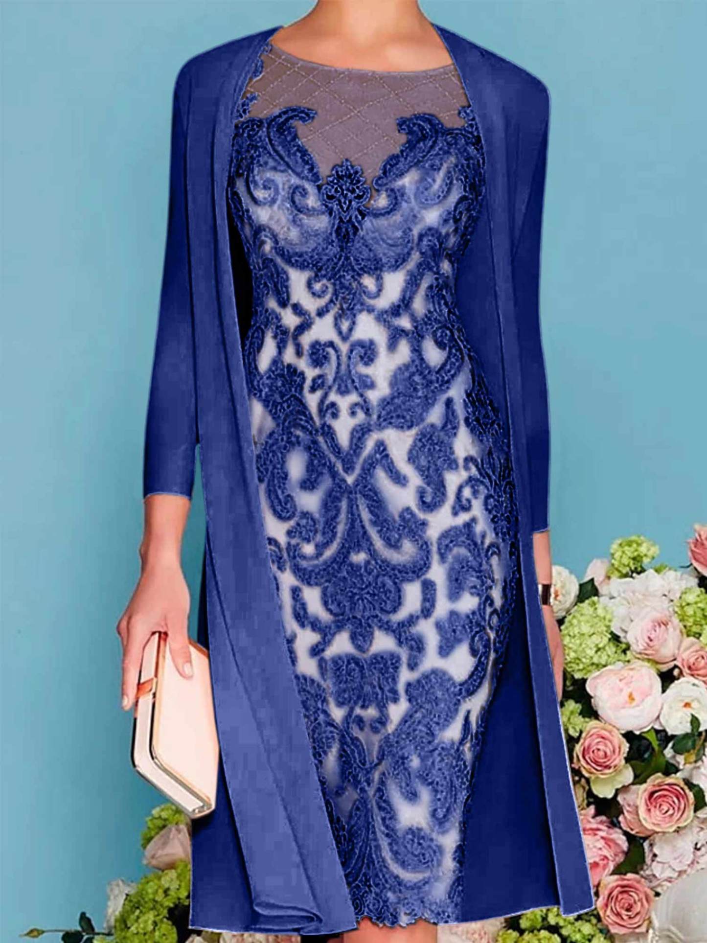 Long-Sleeve Knee-Length Sheath/Column Mother of the Bride Dress with Lace Beading Appliques-27prom