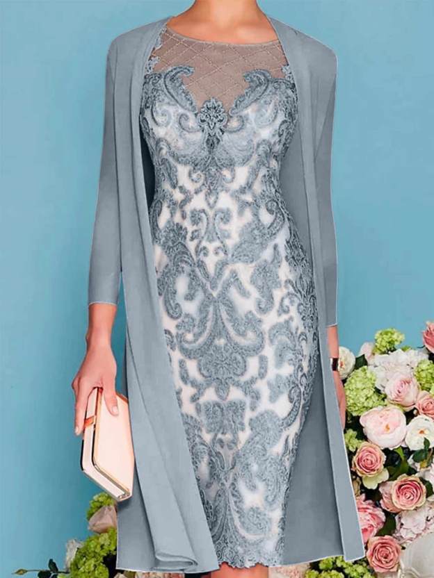 Long-Sleeve Knee-Length Sheath/Column Mother of the Bride Dress with Lace Beading Appliques-27prom