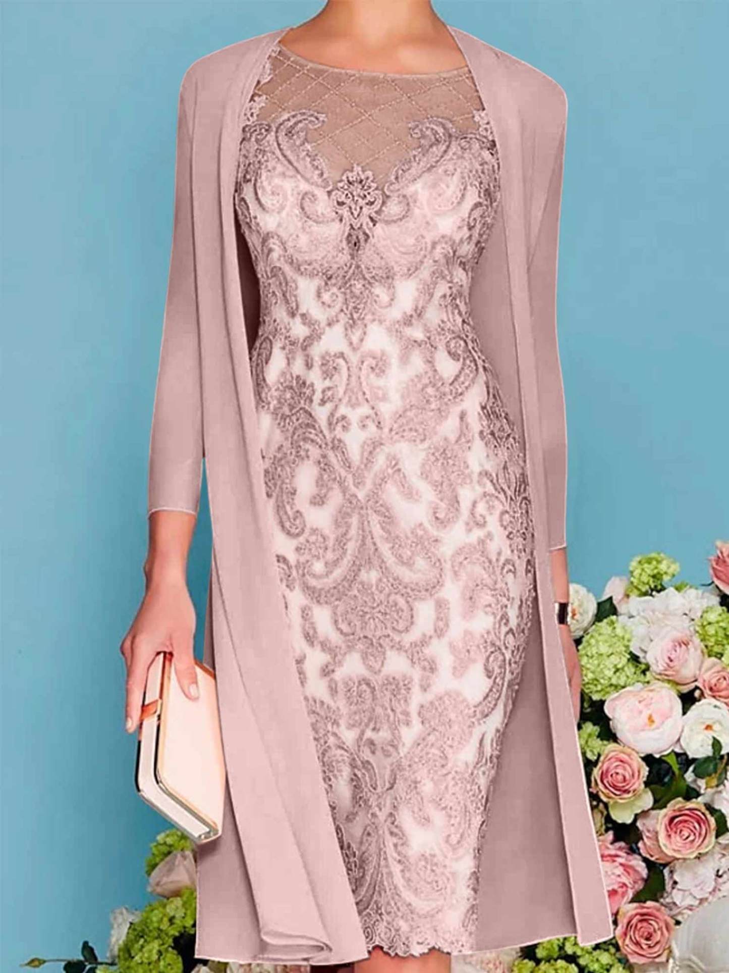 Long-Sleeve Knee-Length Sheath/Column Mother of the Bride Dress with Lace Beading Appliques-27prom