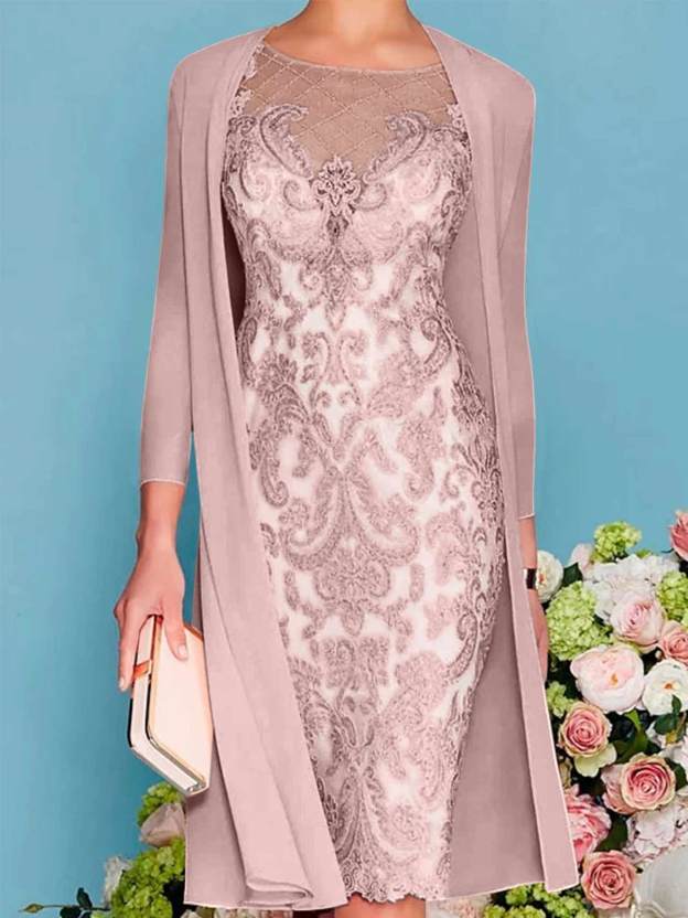 Long-Sleeve Knee-Length Sheath/Column Mother of the Bride Dress with Lace Beading Appliques-27prom
