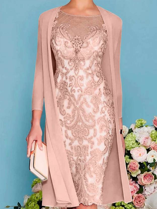 Long-Sleeve Knee-Length Sheath/Column Mother of the Bride Dress with Lace Beading Appliques-27prom