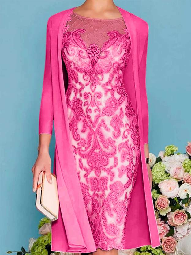 Long-Sleeve Knee-Length Sheath/Column Mother of the Bride Dress with Lace Beading Appliques-27prom
