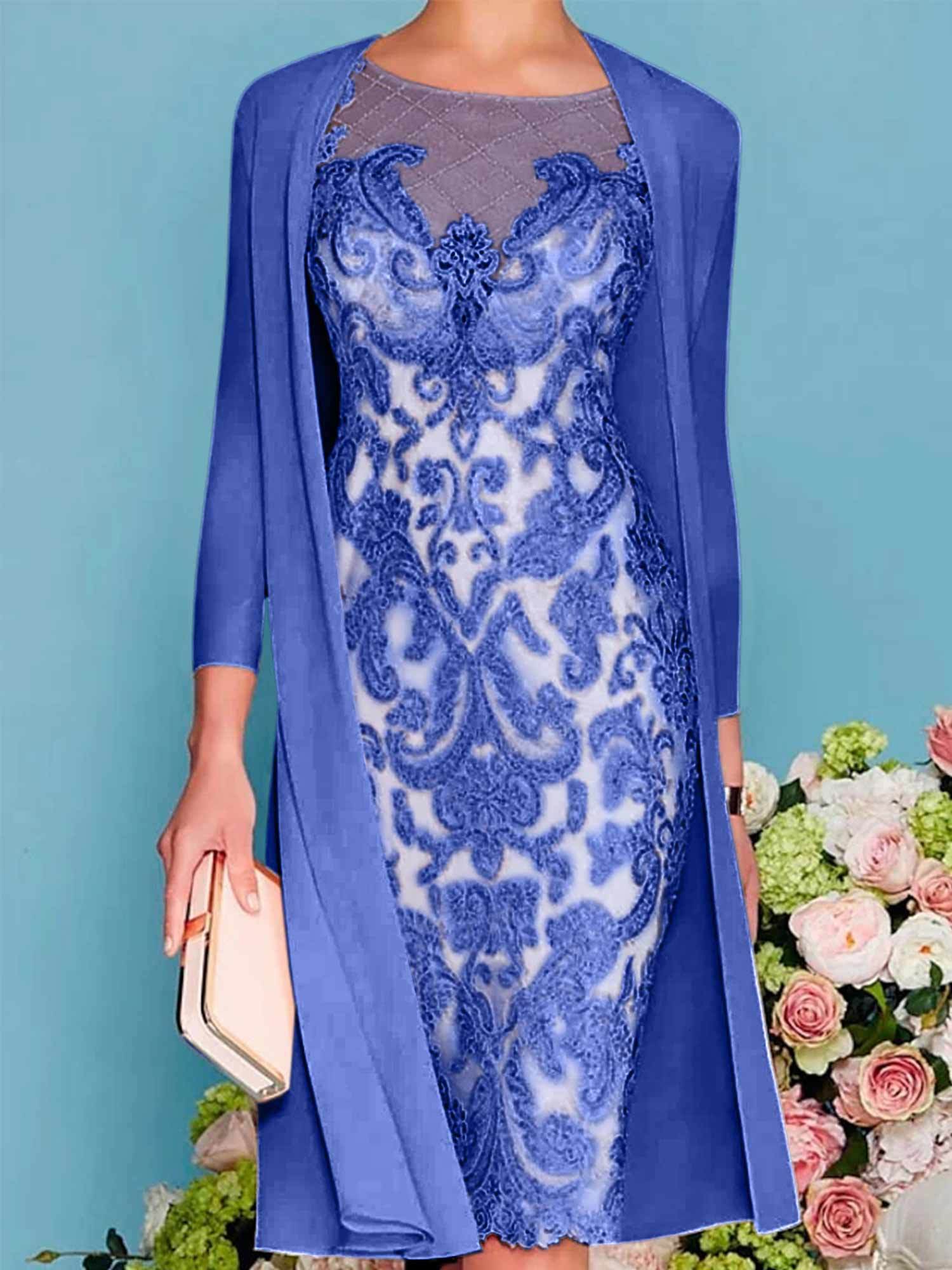 Long-Sleeve Knee-Length Sheath/Column Mother of the Bride Dress with Lace Beading Appliques-27prom