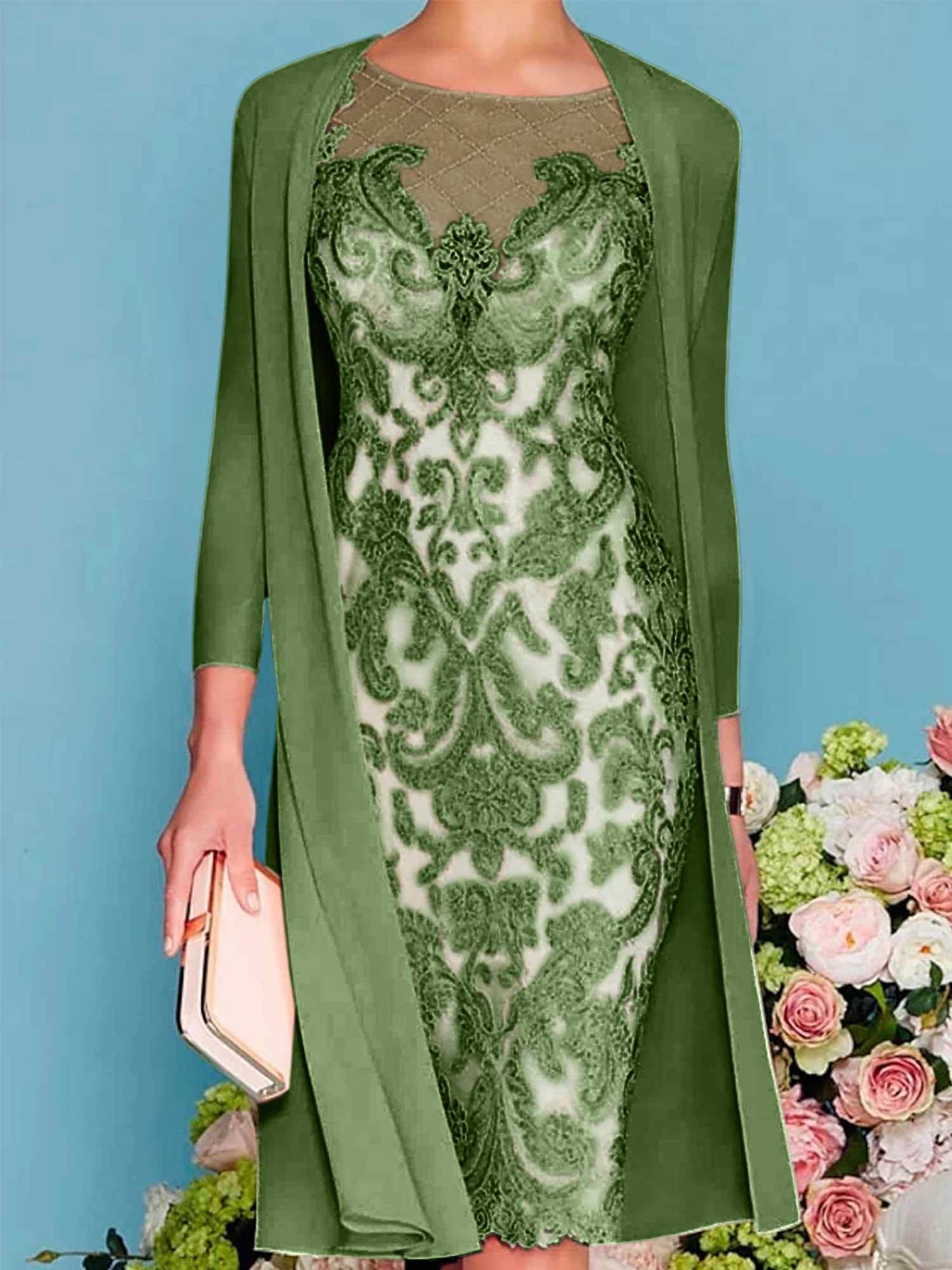 Long-Sleeve Knee-Length Sheath/Column Mother of the Bride Dress with Lace Beading Appliques-27prom