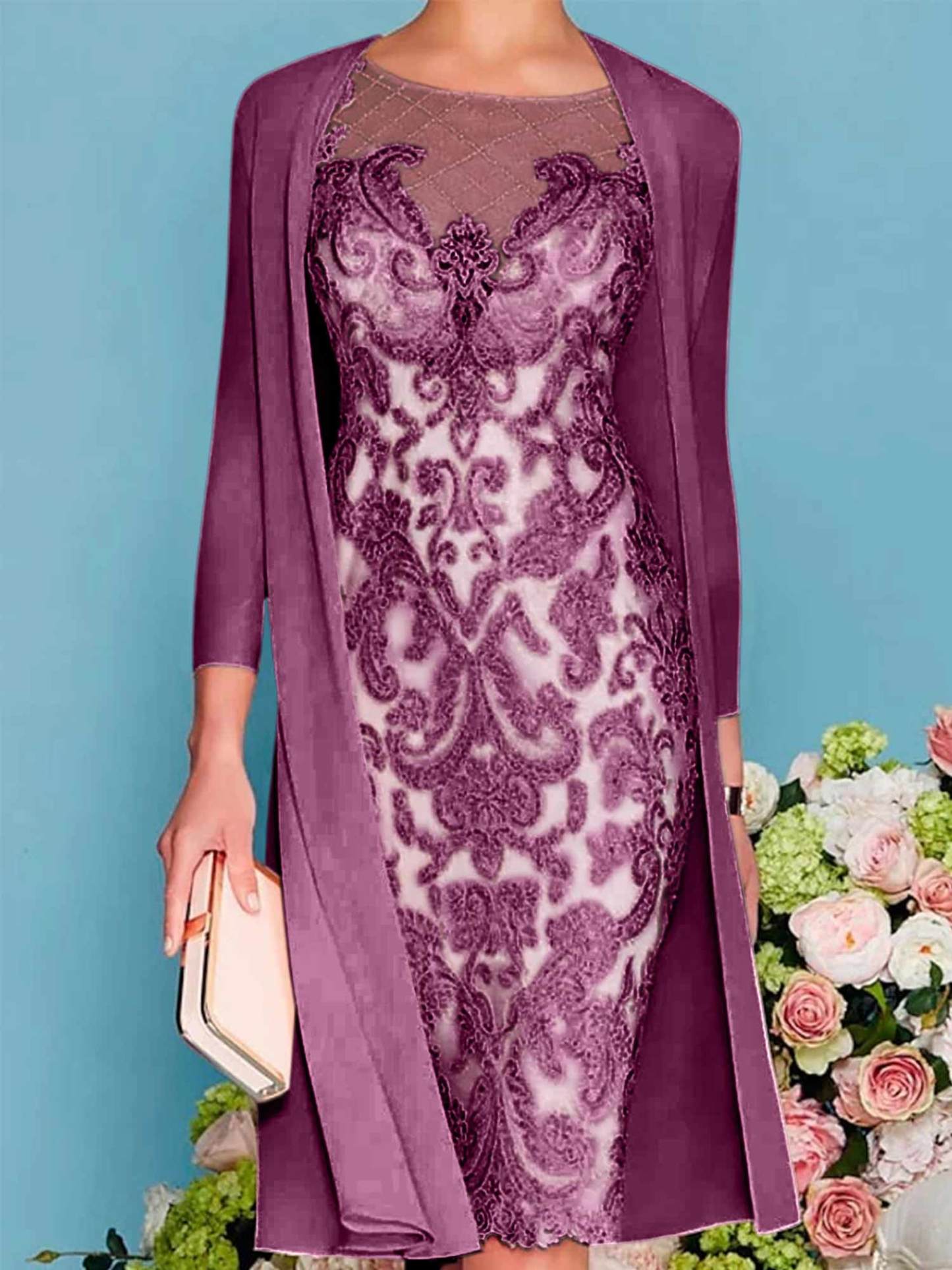 Long-Sleeve Knee-Length Sheath/Column Mother of the Bride Dress with Lace Beading Appliques-27prom