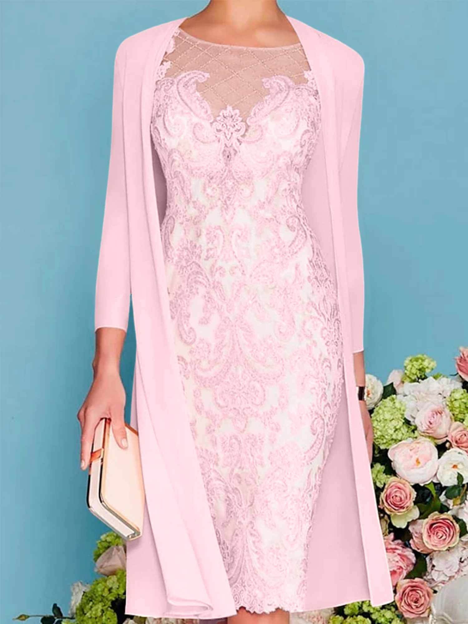 Long-Sleeve Knee-Length Sheath/Column Mother of the Bride Dress with Lace Beading Appliques-27prom